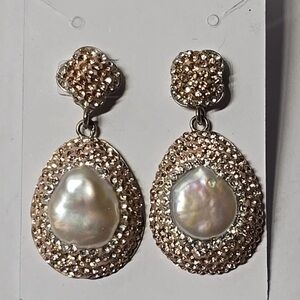 sterling silver baroque pearl And  Champaign Crystals  Dangel Earrings Post Back